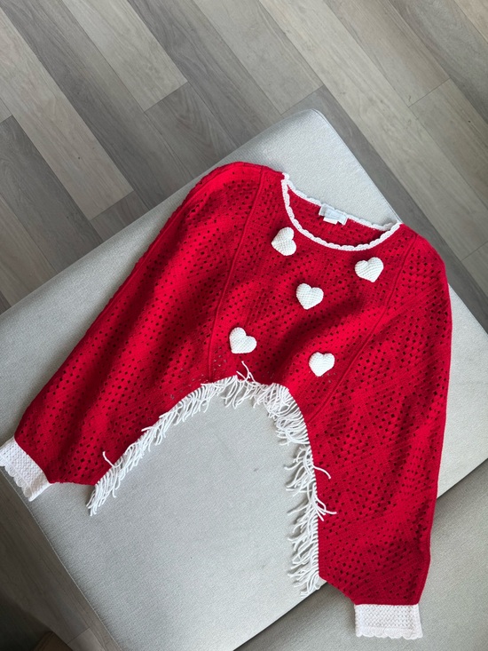 House of Harlow 1960 Sweaters - House of Harlow 1960 Crochet Red Heart Accent Fringed Women’s Sweater